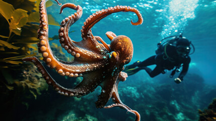 Octopus and divers in underwater game. - obrazy, fototapety, plakaty