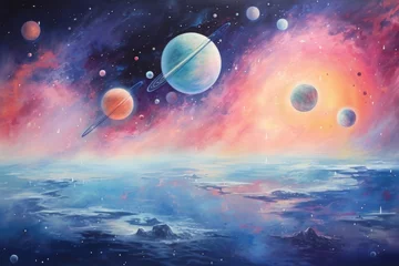 Foto auf Glas Planets in outer space. Elements of this image furnished by NASA, A soft pastel galaxy with planets and shooting stars, AI Generated © Iftikhar alam