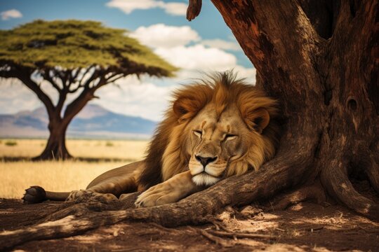 Lion lying in the shade of a tree in Serengeti National Park, Tanzania, A regal lion napping under a tree on the African, AI Generated
