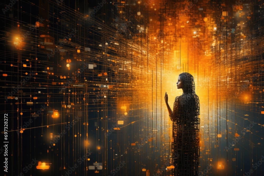 Poster young woman in virtual cyberspace with binary code. mixed media, ai generated