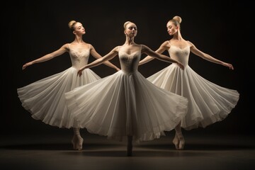 Three graceful ballerinas in white tutu posing on dark background, A trio of graceful ballet...