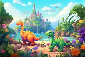 Fototapeta premium cartoon scene with castle and dinosaurs near the river - illustration for children, A tropical magical island with baby dinosaurs playing and colorful plants, AI Generated