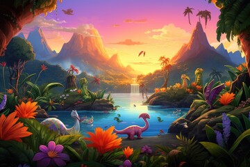 Beautiful fantasy landscape with tropical island and dinosaurs - illustration for children, A...