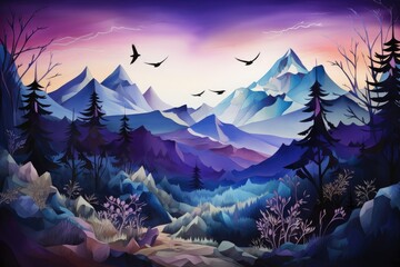 Fantasy landscape with mountains, trees and birds. Digital painting, A whimsical mountain landscape...