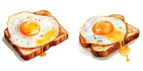 set of two Fried egg on toast watercolor illustration breakfast png isolated on a transparent background, brunch clipart 
