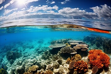Naklejka na ściany i meble Exquisite Coral Reef. A Breathtaking Underwater Ecosystem Flourishing with Vibrant Biodiversity