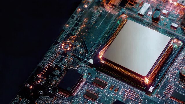 A computer processor with millions of connections and signals. Technology cpu background. Pulses and signals from the chip propagate through the motherboard.