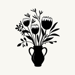 Vector monochrome bouquet. Hand drawn spring flowers in black. Flowers outline.