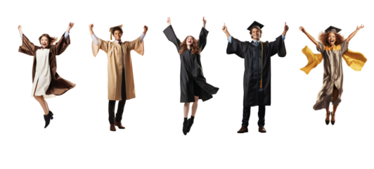 Set of Happy young man and woman graduating student celebrating Graduation isolated on transparent background.