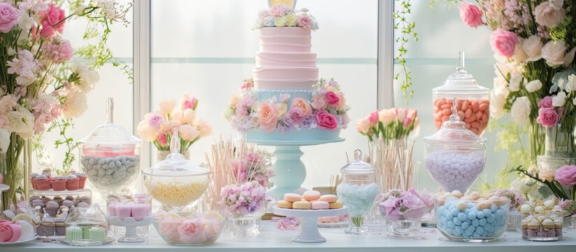 Sweets and floral-themed treats on party dessert table.
