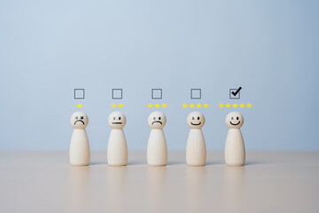 Checkmark to select happy wooden figure with 5 stars icon. Customer service experience rating and...