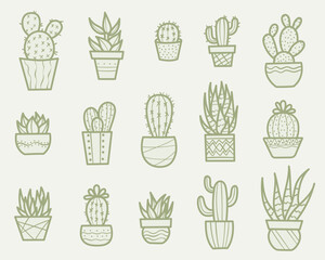 Cute houseplant hand drawn vector illustration set, clip art elements, plants in pots, cactus and succulent doodle collection