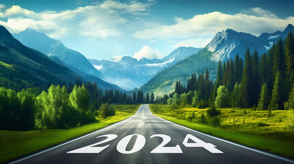 2024 written on a highway road concept banner - ai generative - obrazy, fototapety, plakaty