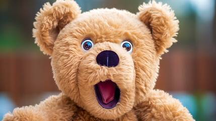 teddy bear with a surprised expression, its mouth wide open, and its eyes wide and bright against a blurred background.
