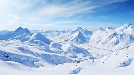 Wallpaper of winter landscape for texts and quotes. Blurred wallpaper of winter with snow and mountains.View from the top.