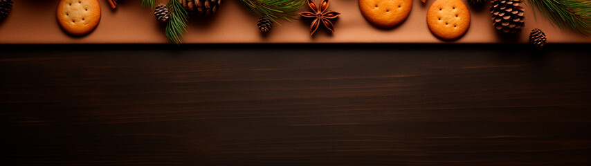 Banner with christmas decorations, spices and cookies on wooden table background. New year wallpaper, card. Festive postcard with copy space. Generative AI