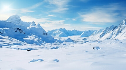 Wallpaper of winter landscape for texts and quotes. Blurred wallpaper of winter with snow and mountains.View from the top.