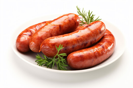 a plate of sausages with a sprig of dill