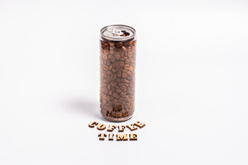 Coffee beans in a plastic jar, coffee beans