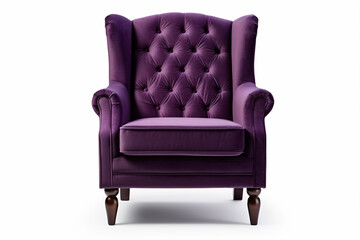 a purple chair with a buttoned back and a wooden legs