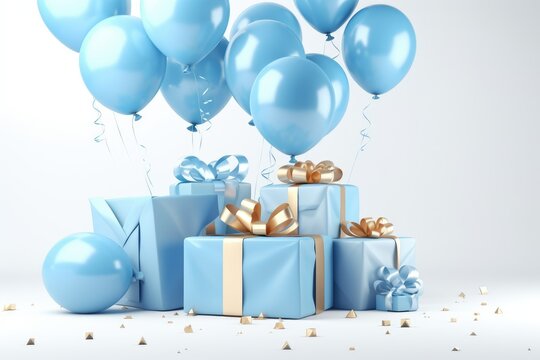 Gift boxes with color balloons and confetti, 3d render of birthday background with gift box, balloons and confetti, AI Generated