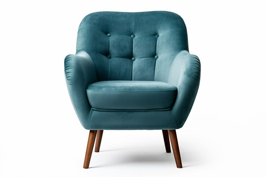 a blue chair with a wooden legs and a cushion