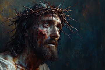 Jesus wears a crown of thorns, portraying a serene acceptance of sacrifice and the hopeful promise of resurrection