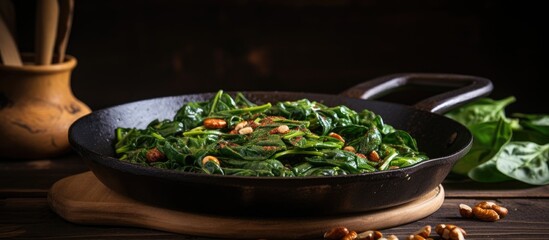 Spinach and pine nuts fried on skillet