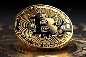 Golden bitcoin on black background. 3D illustration. Cryptocurrency concept, Cryptocurrency golden bitcoin coin, AI Generated