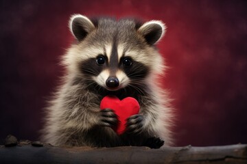 Cute raccoon holding a red heart on a dark background, Cute baby raccoon holding a red heart on Valentine's Day, AI Generated