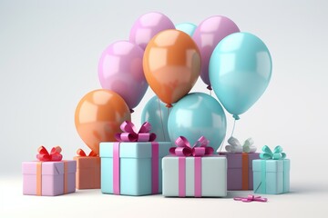 Birthday background with Gift boxes color balloons and confetti, 3d render of birthday background, AI Generated