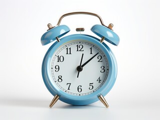 Blue retro style alarm-clock isolated on white, front view, close up.