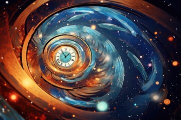 abstract background with clock and stars in space. 3d illustration, Colorful abstract background...