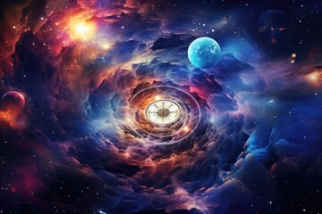 Abstract space background with compass and planets in deep space. Universe, Colorful abstract background wallpaper featuring a modern motif visual art created with mixtures of oil paint, AI Generated