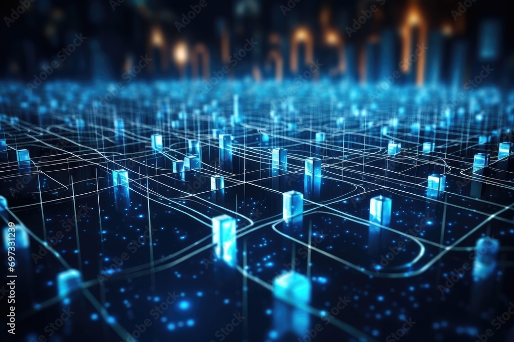 Poster circuit board background. 3d rendering, 3d illustration, cyber big data flow, blockchain data fields