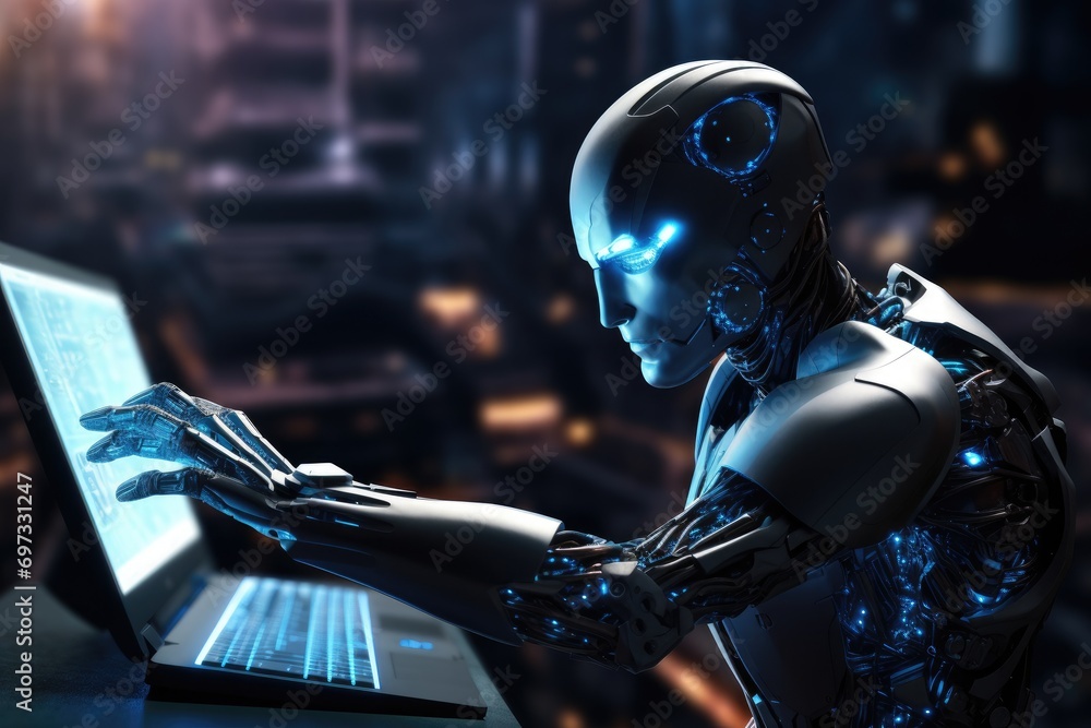Poster cyborg woman typing on laptop at night city background. 3d rendering, cyber digital world, an androi