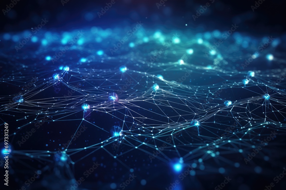 Poster Abstract polygonal space low poly dark background with connecting dots and lines. Connection structure. 3d rendering, Cyber big data flow, blockchain data fields, and network, AI Generated