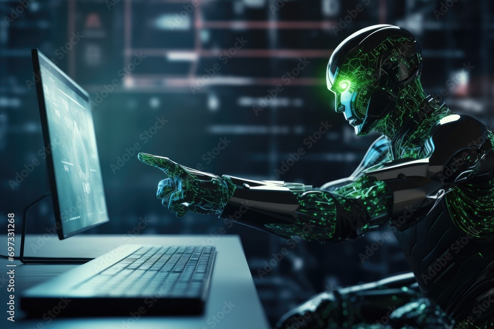 Poster cyborg woman working with computer on dark background. 3d rendering, cyber digital world, an android