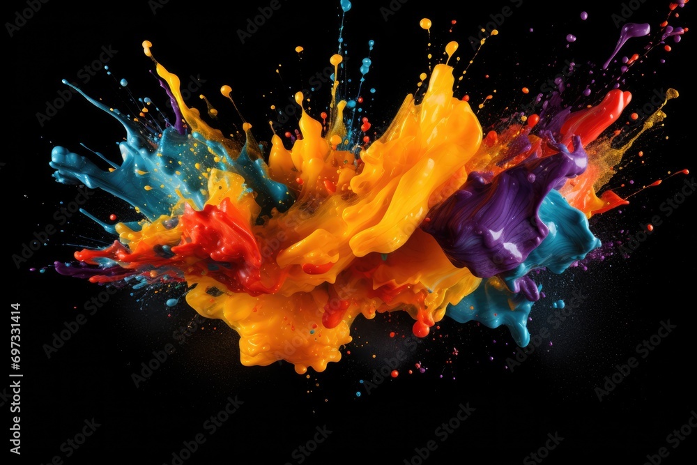 Poster colored paint splashes isolated on black background. 3d rendering, colorful paint splashes and blots