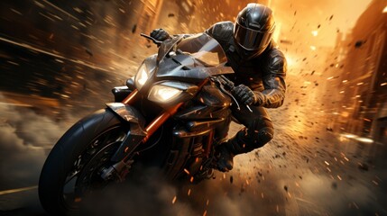 Motorcycle Rider in Black Gear Amidst Flying Sparks in Dynamic City Scene