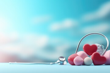 Stethoscope and heart on blue sky background. 3d rendering, Conceptual medical background image with copy space, presented in 3D rendering, AI Generated