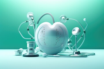 Stethoscope and heart on blue background. 3d illustration, Conceptual medical background image with copy space, presented in 3D rendering, AI Generated