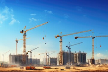 Fototapeta na wymiar Construction site with cranes on blue sky background. 3d rendering, Construction site with cranes and a building against a blue sky, AI Generated
