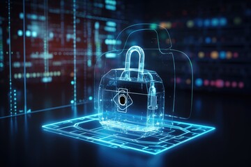 3d illustration of a padlock on a table in a server room, Cybersecurity concept hologram alongside a picture on the background with a padlock, AI Generated - Powered by Adobe