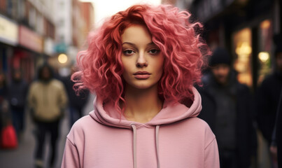 Young Woman with Vibrant Pink Curly Hair in a Hoodie Standing in a Busy City Street