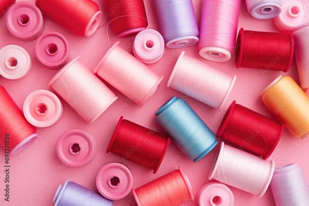 Poster colorful spools of thread on a pink background, top view, colorful thread spools and buttons on a pi
