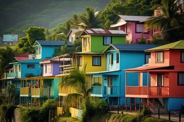 Fototapeta na wymiar Colorful wooden houses on the island of Sri Lanka, Asia, Colorful houses on the tropical island of Barbados, AI Generated