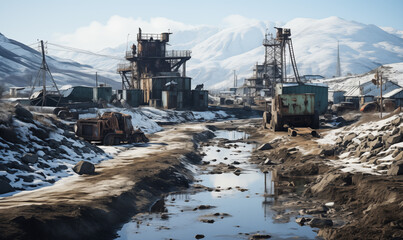 Open-pit mining site, surrounded by snow and frozen soil, with undulating mountain ranges, laid with railway tracks, featuring mining machinery, and bearing traces left by the excavation equipment - obrazy, fototapety, plakaty