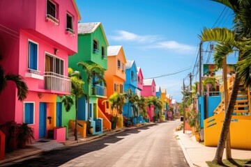 Fototapeta na wymiar Colorful houses in Playa del Carmen, Yucatan, Mexico, Colorful houses on the tropical island of Barbados, AI Generated