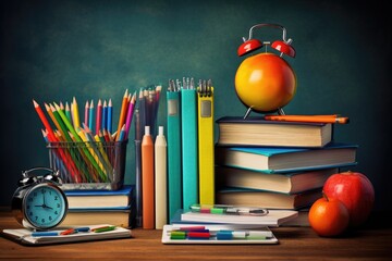 Back to school concept. Stack of books, alarm clock, pencils and apple on wooden table, Composite image of school supplies on a desk, AI Generated - Powered by Adobe